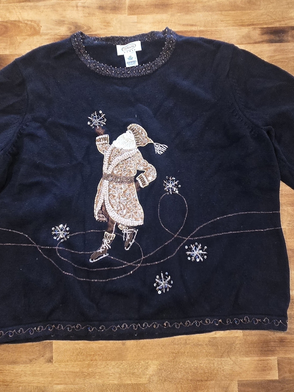 Talbots Black Embroidered Santa Sweater Top